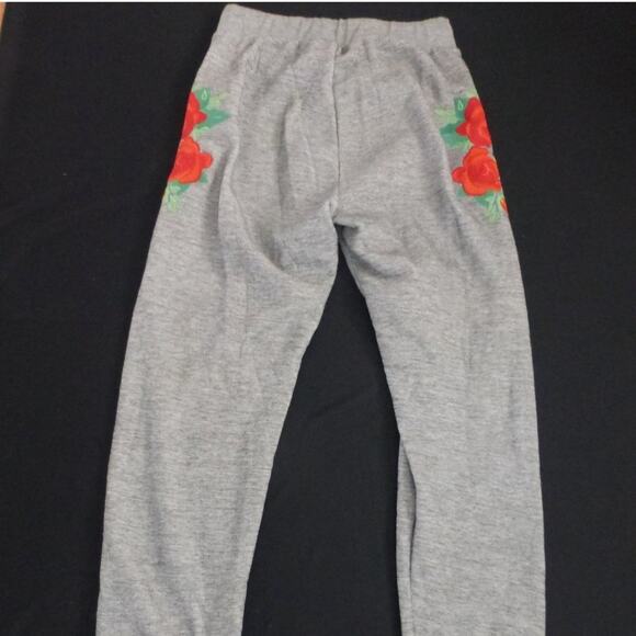 New Wildfox Couture Rose Gray Heather Embroidered Fleece Jogger Sweatpants Sz S - Picture 4 of 7